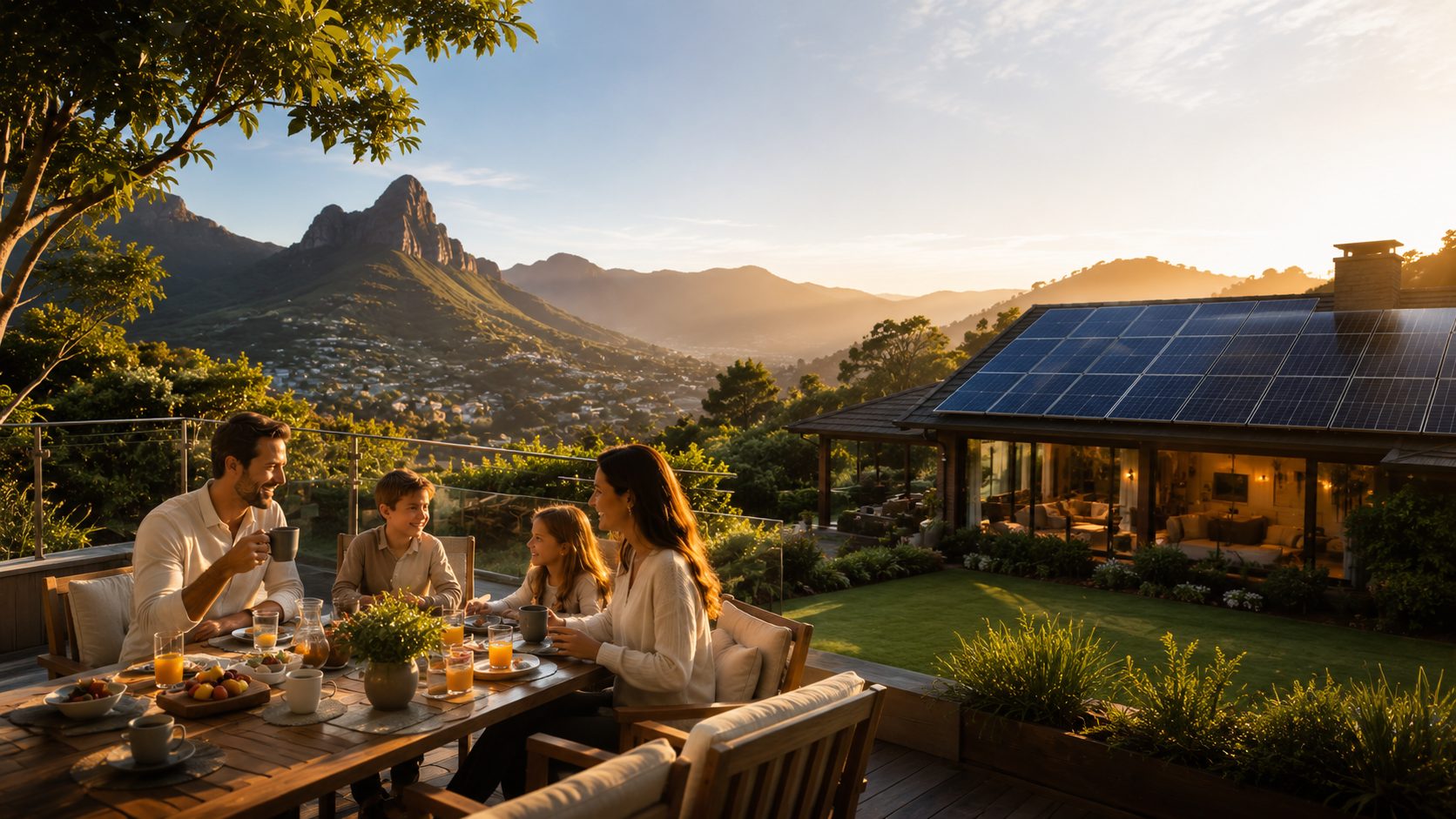 Família em casa com painéis solares ao pôr-do-sol