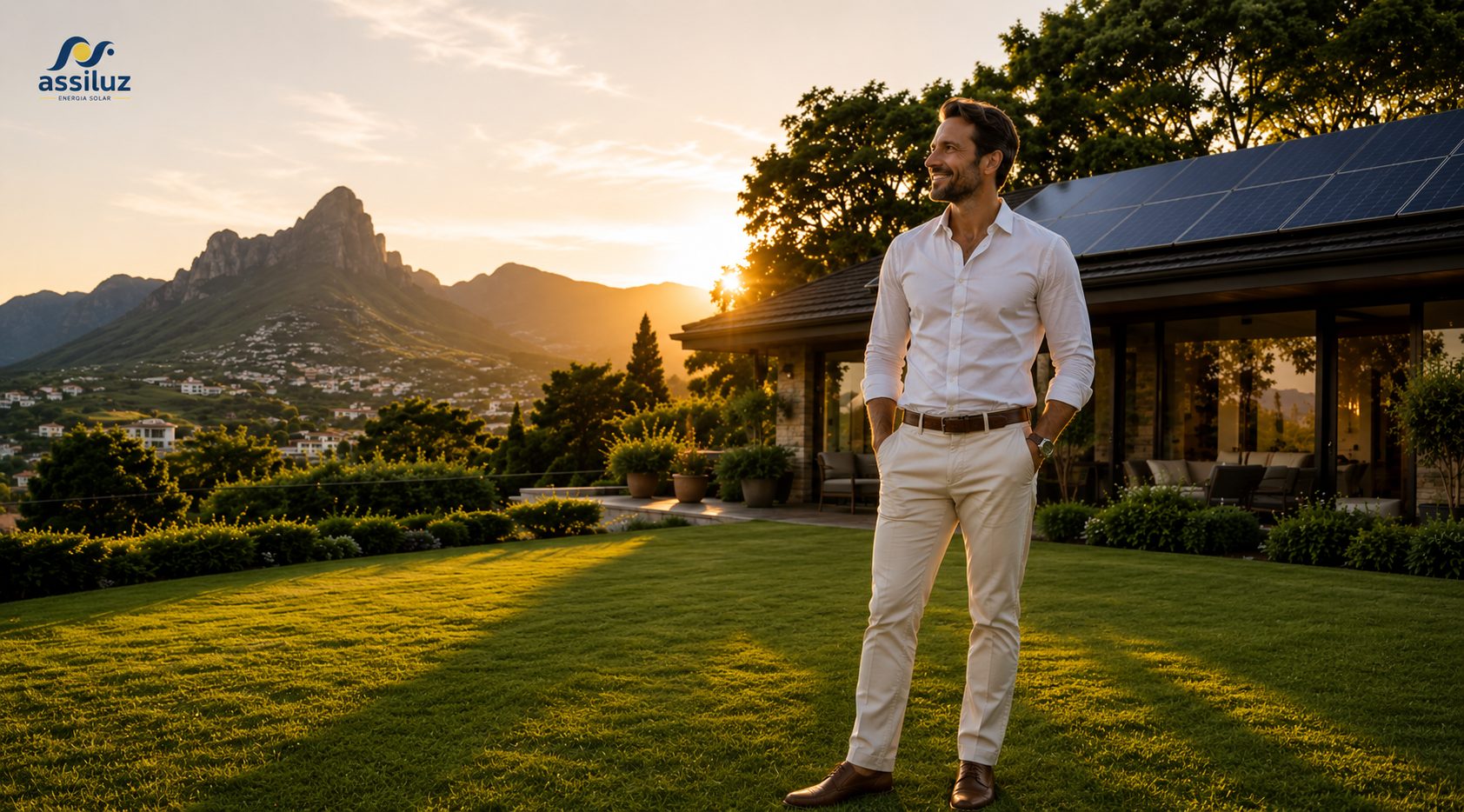Homem contemplando casa com painéis solares ao pôr-do-sol