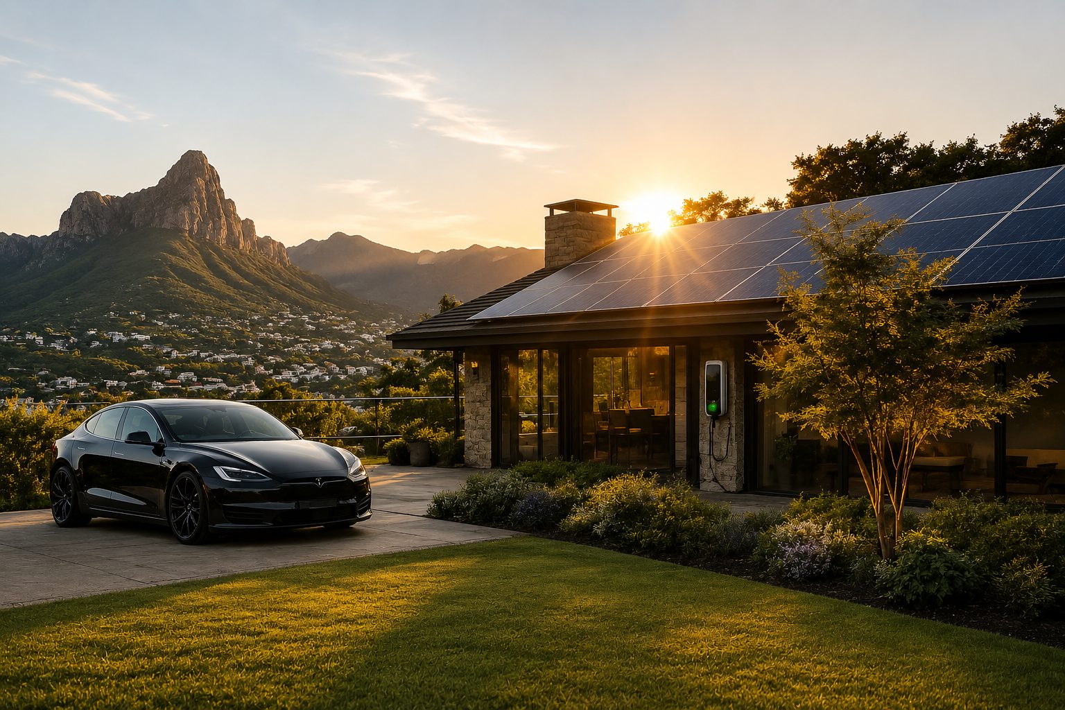 Casa com painéis solares, Tesla e carregador EV ao pôr-do-sol